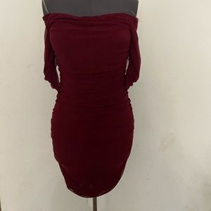 Burgundy mesh ruched dress